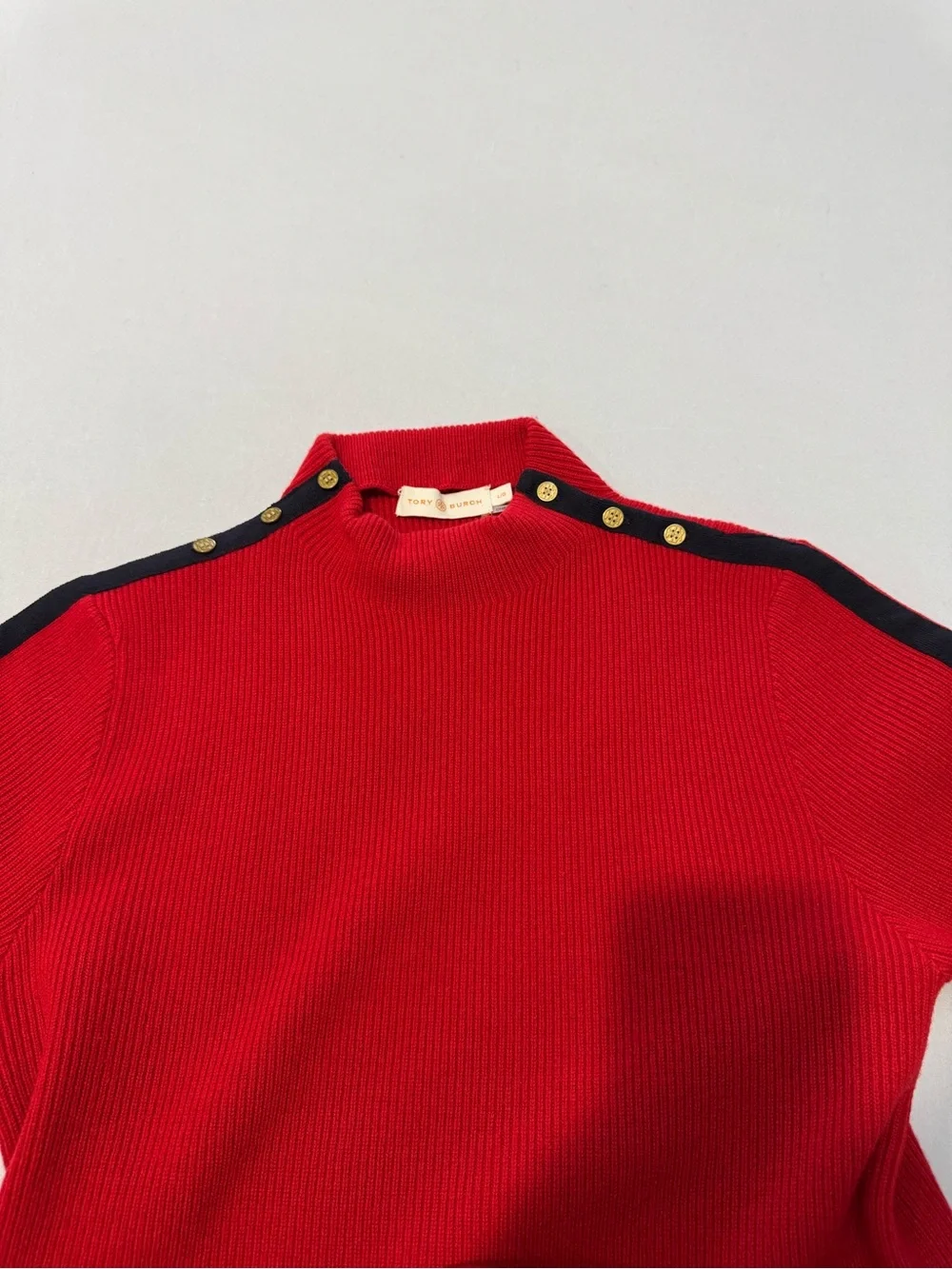 Tory Burch Sardy Merino Wool Sweater Dress Red Navy Gold Buttons L